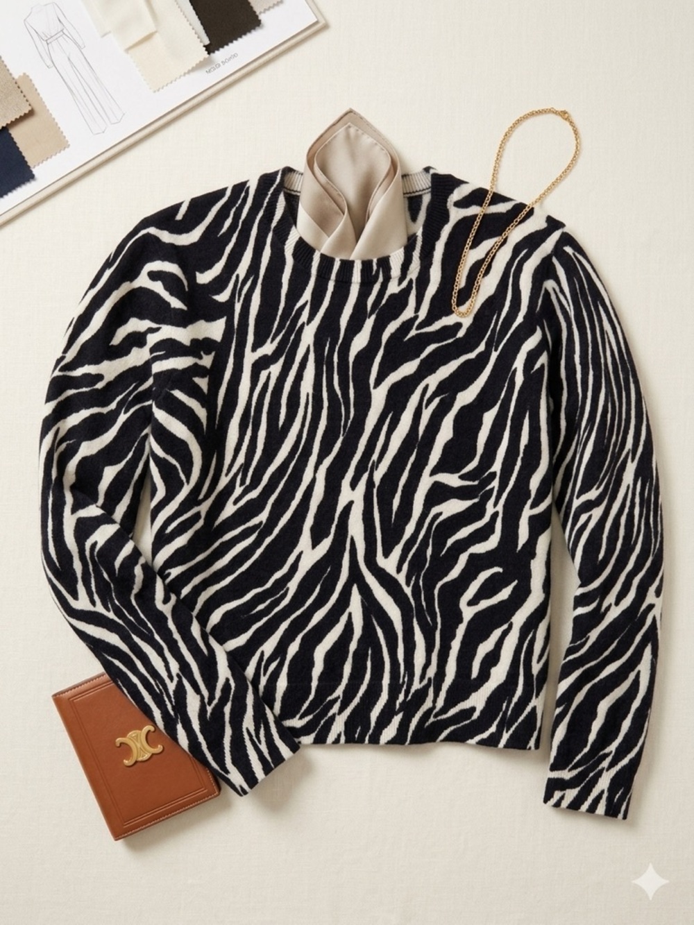 CELINE Paris Zebra Print Wool Crewneck Sweater - Black & White - Size S